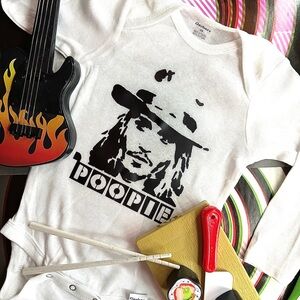 POOPIE rockin’ Jonny Depp graphic long sleeve baby onesie 18M